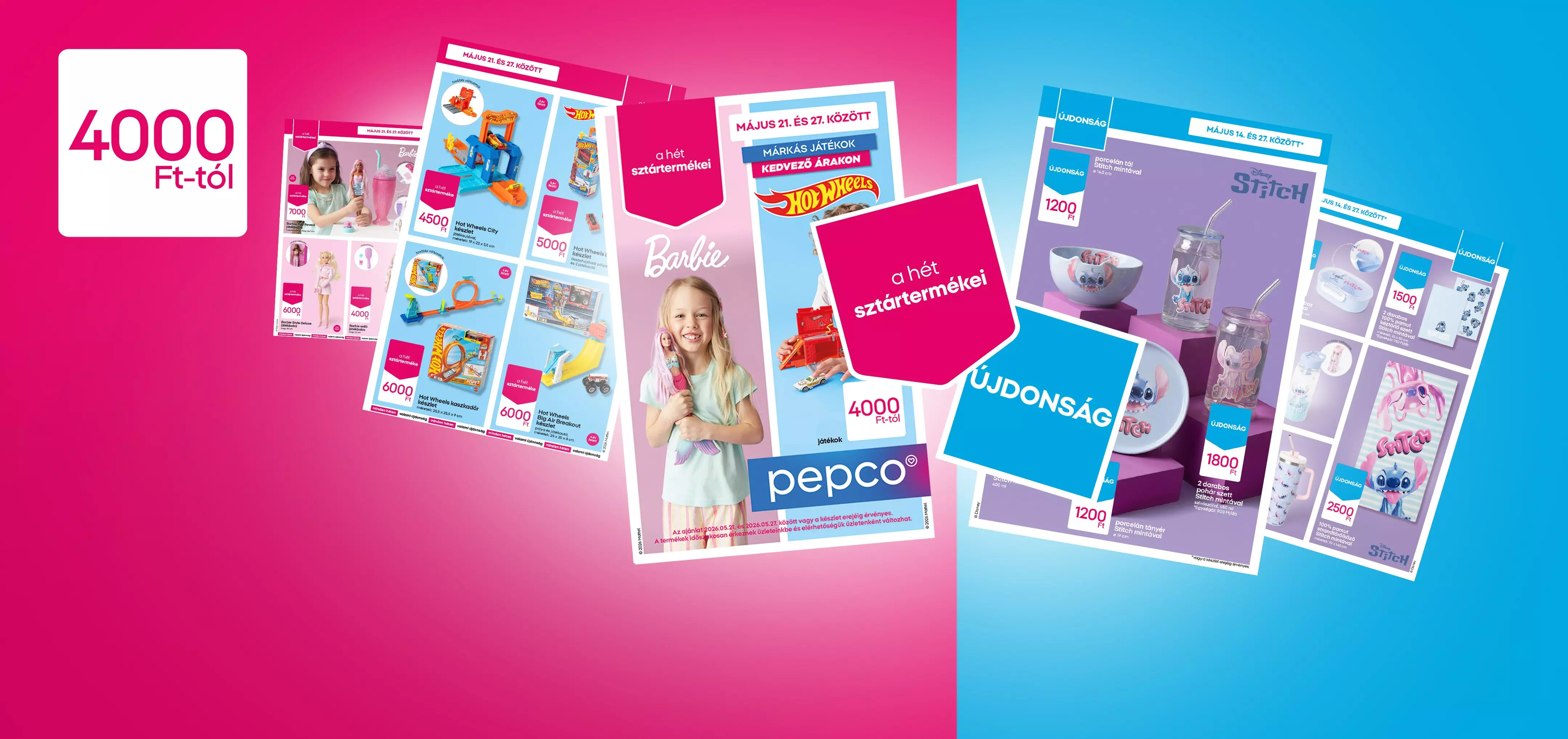Pepco akciós újságok Barbie, Hot Wheels és Stitch termékekkel, 4000 Ft-tól kezdődő árakkal.